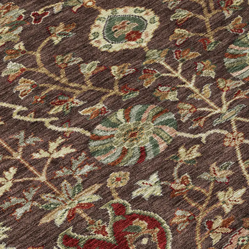 Chocolate Tan And Green Floral Washable Indoor Outdoor Area Rug Photo 5