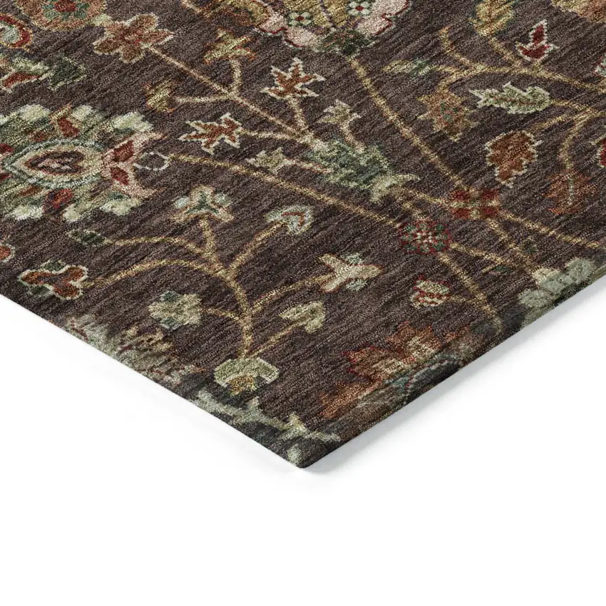 Chocolate Tan And Green Floral Washable Indoor Outdoor Area Rug Photo 4