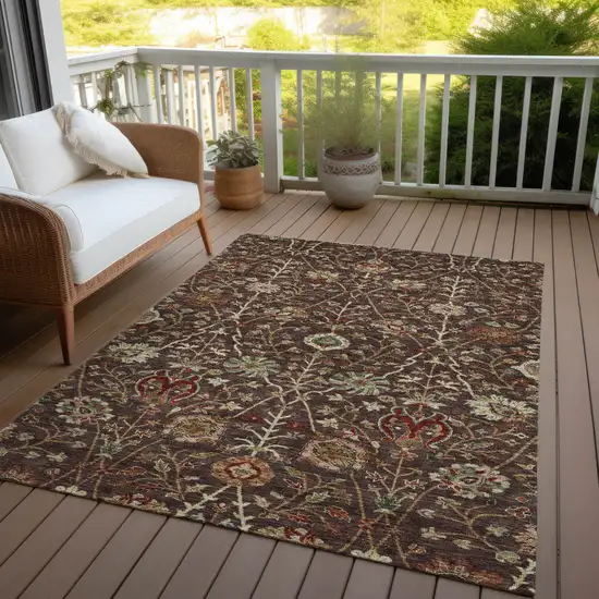 Chocolate Tan And Green Floral Washable Indoor Outdoor Area Rug Photo 8