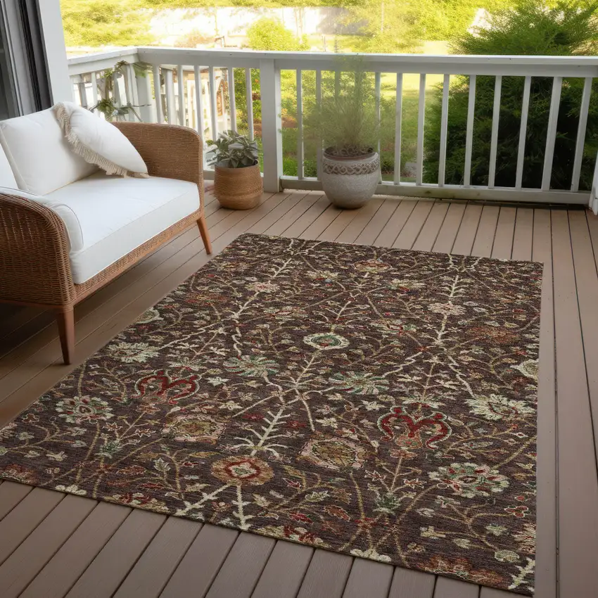 Chocolate Tan And Green Floral Washable Indoor Outdoor Area Rug Photo 8