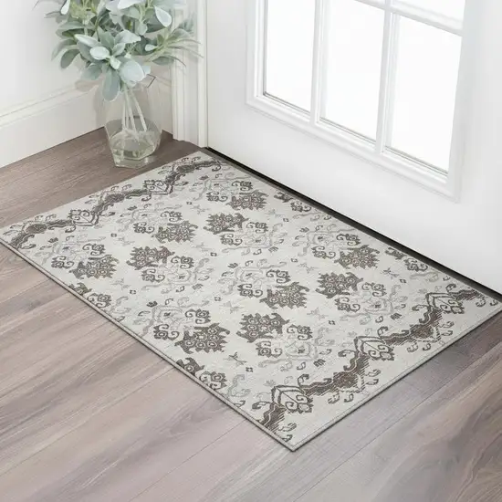 Chocolate Taupe And Beige Medallion Washable Area Rug With UV Protection Photo 2