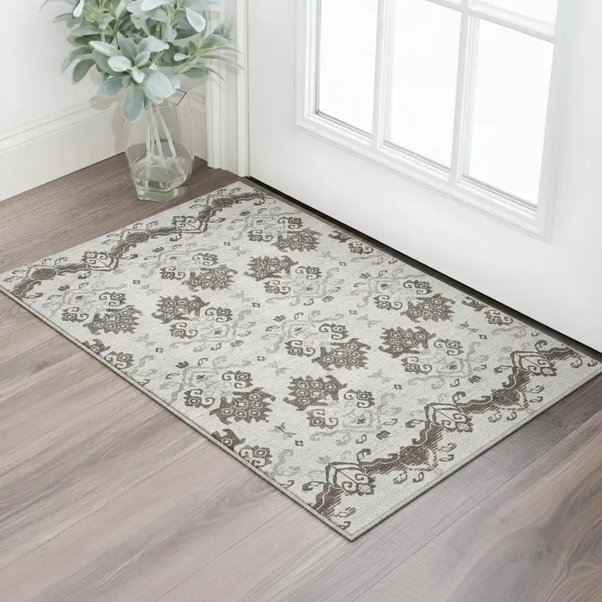 Chocolate Taupe And Beige Medallion Washable Area Rug With UV Protection Photo 2
