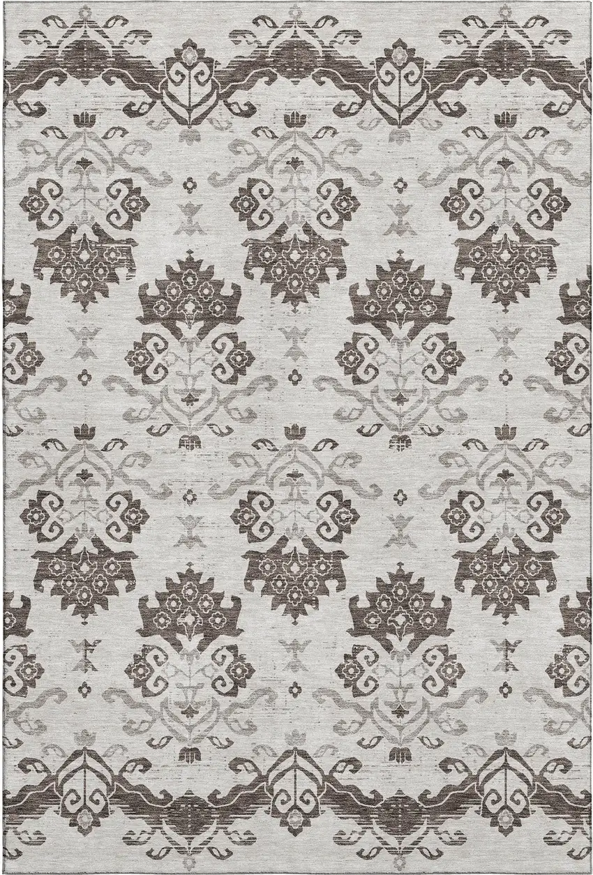 Chocolate Taupe And Beige Medallion Washable Area Rug With UV Protection Photo 1