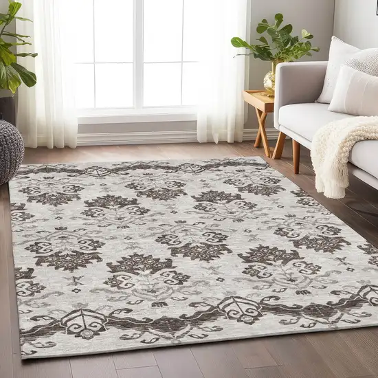 Chocolate Taupe And Beige Medallion Washable Area Rug With UV Protection Photo 5