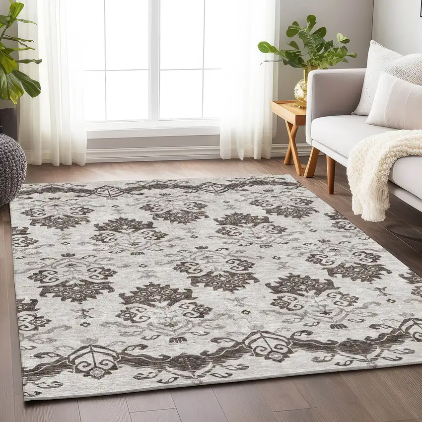 Chocolate Taupe And Beige Medallion Washable Area Rug With UV Protection Photo 5