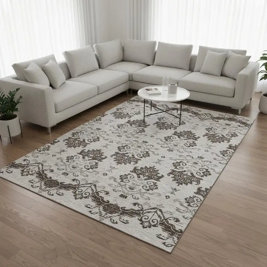 Chocolate Taupe And Beige Medallion Washable Area Rug With UV Protection Photo 2