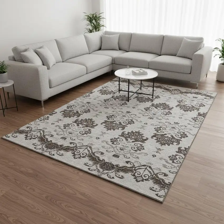 Chocolate Taupe And Beige Medallion Washable Area Rug With UV Protection Photo 2