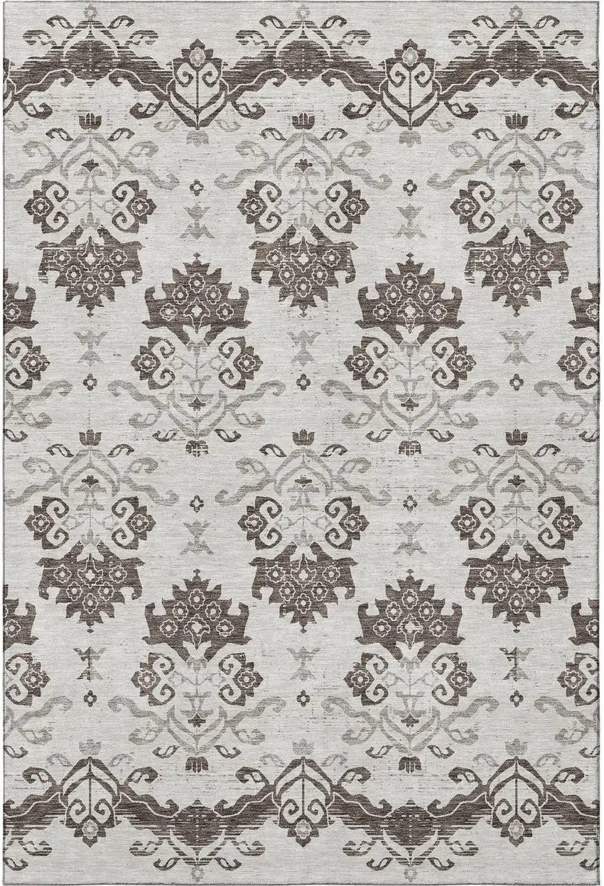 Chocolate Taupe And Beige Medallion Washable Area Rug With UV Protection Photo 4