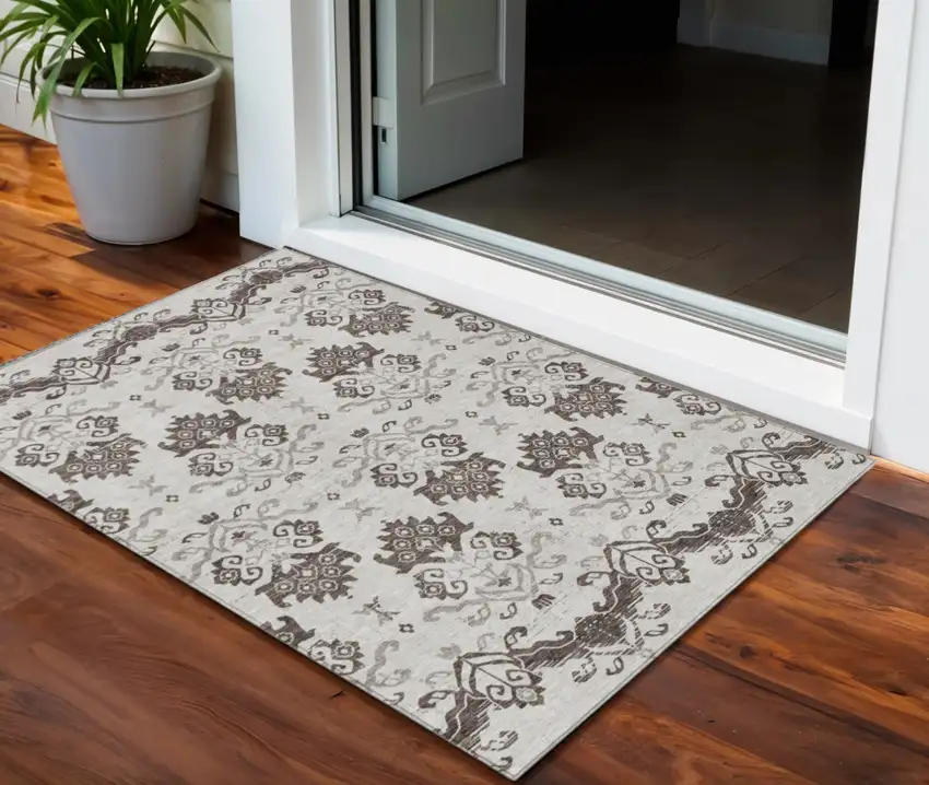 Chocolate Taupe And Beige Oriental Washable Indoor Outdoor Area Rug Photo 1