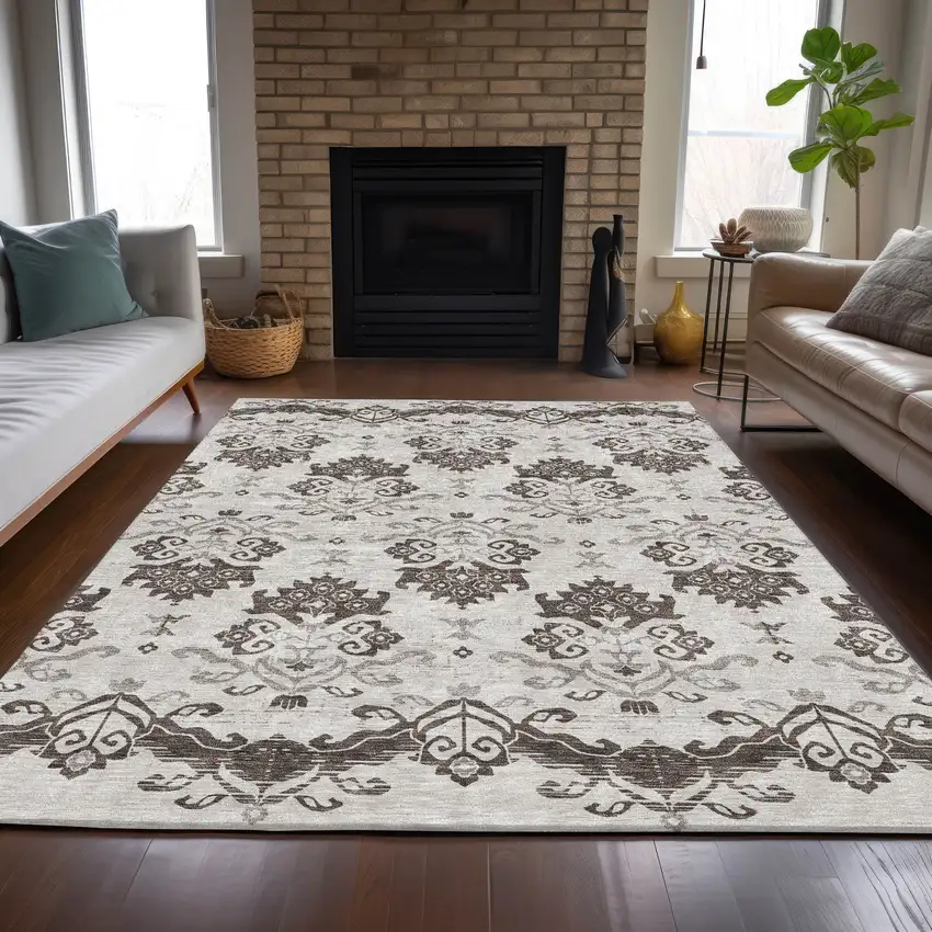 Chocolate Taupe And Beige Oriental Washable Indoor Outdoor Area Rug Photo 8