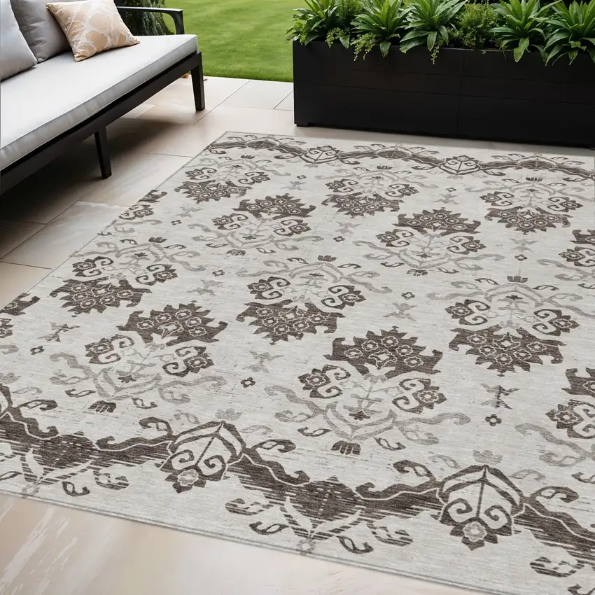 Chocolate Taupe And Beige Oriental Washable Indoor Outdoor Area Rug Photo 1