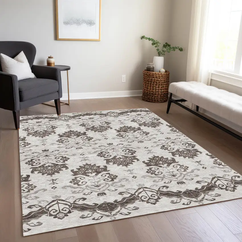 Chocolate Taupe And Beige Oriental Washable Indoor Outdoor Area Rug Photo 8