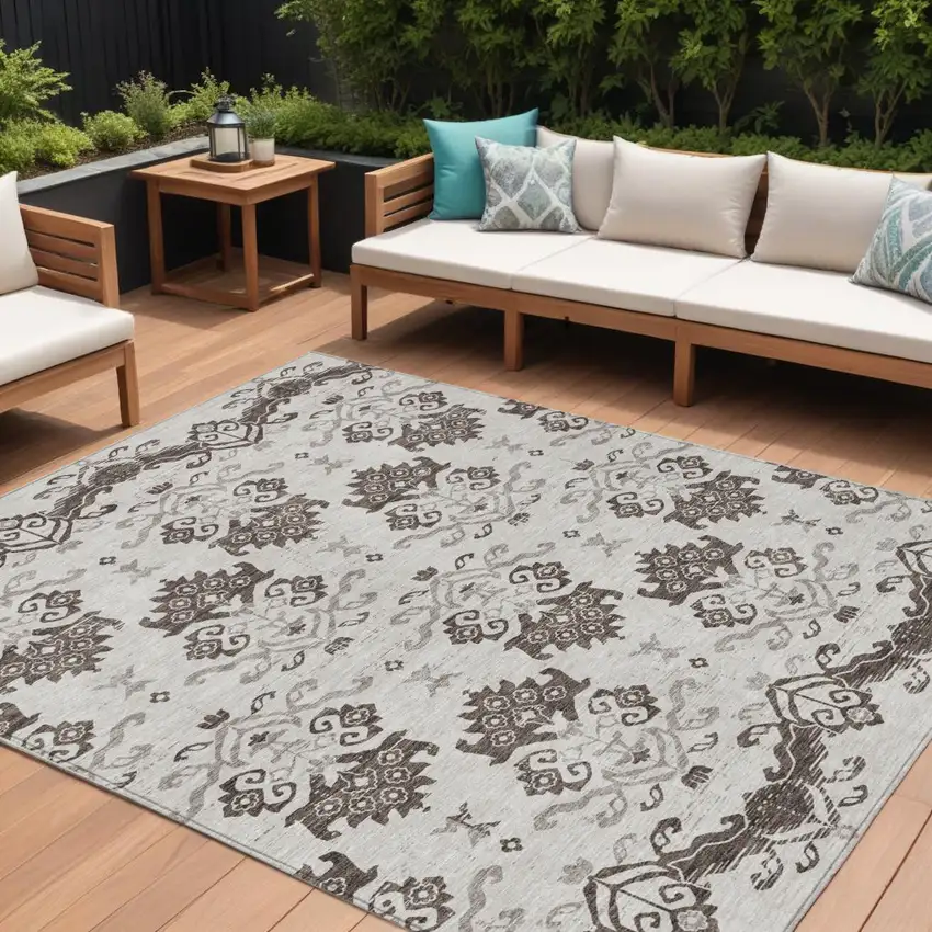 Chocolate Taupe And Beige Oriental Washable Indoor Outdoor Area Rug Photo 1