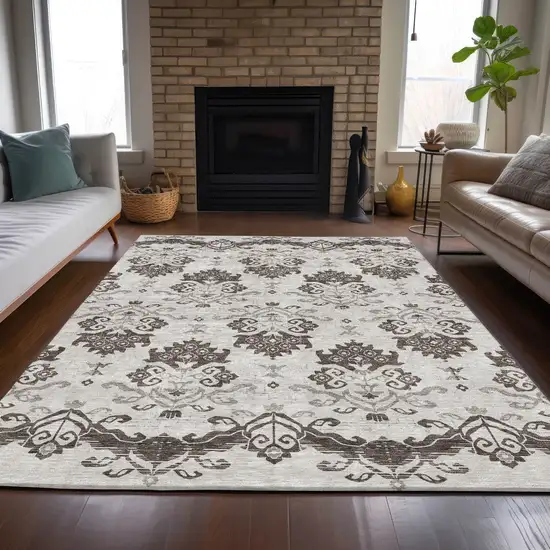Chocolate Taupe And Beige Oriental Washable Indoor Outdoor Area Rug Photo 7