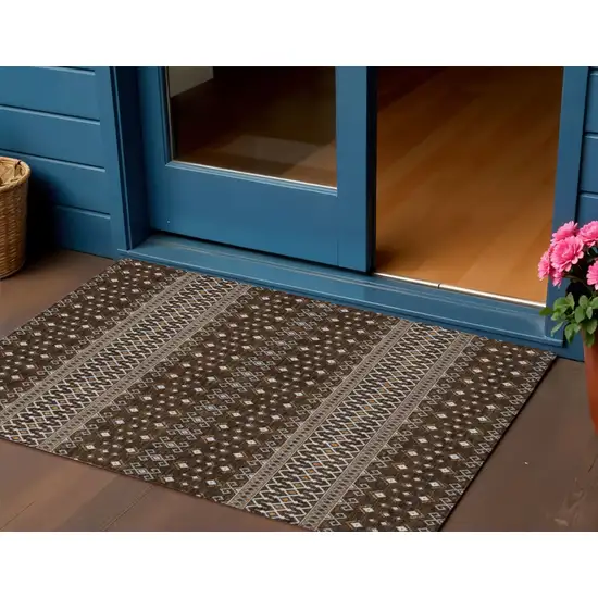 Chocolate Taupe And Copper Tribal Washable Indoor Outdoor Area Rug Photo 1