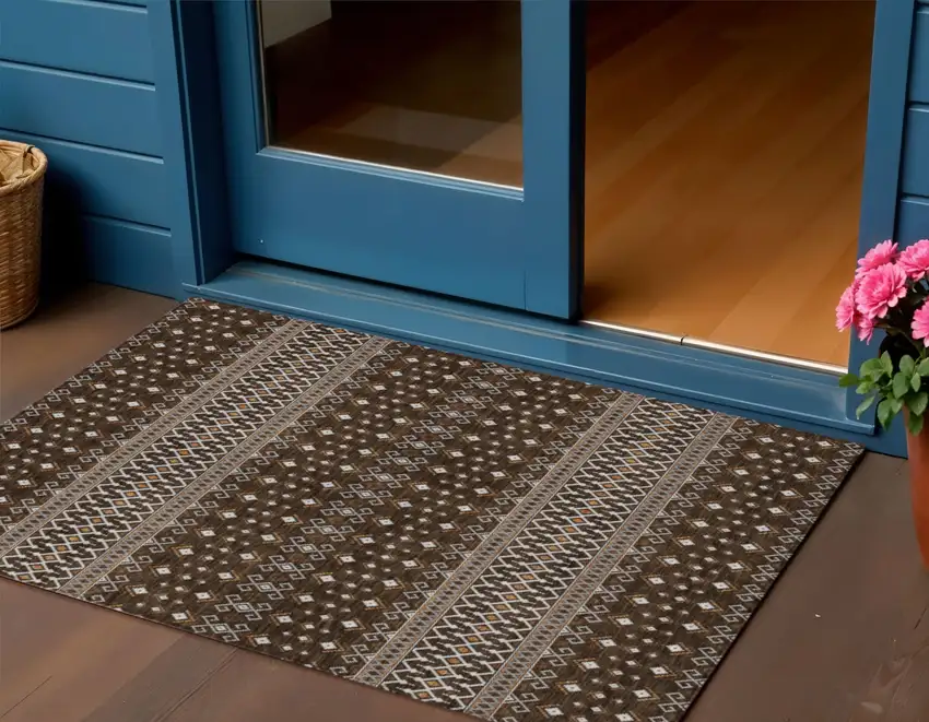Chocolate Taupe And Copper Tribal Washable Indoor Outdoor Area Rug Photo 1