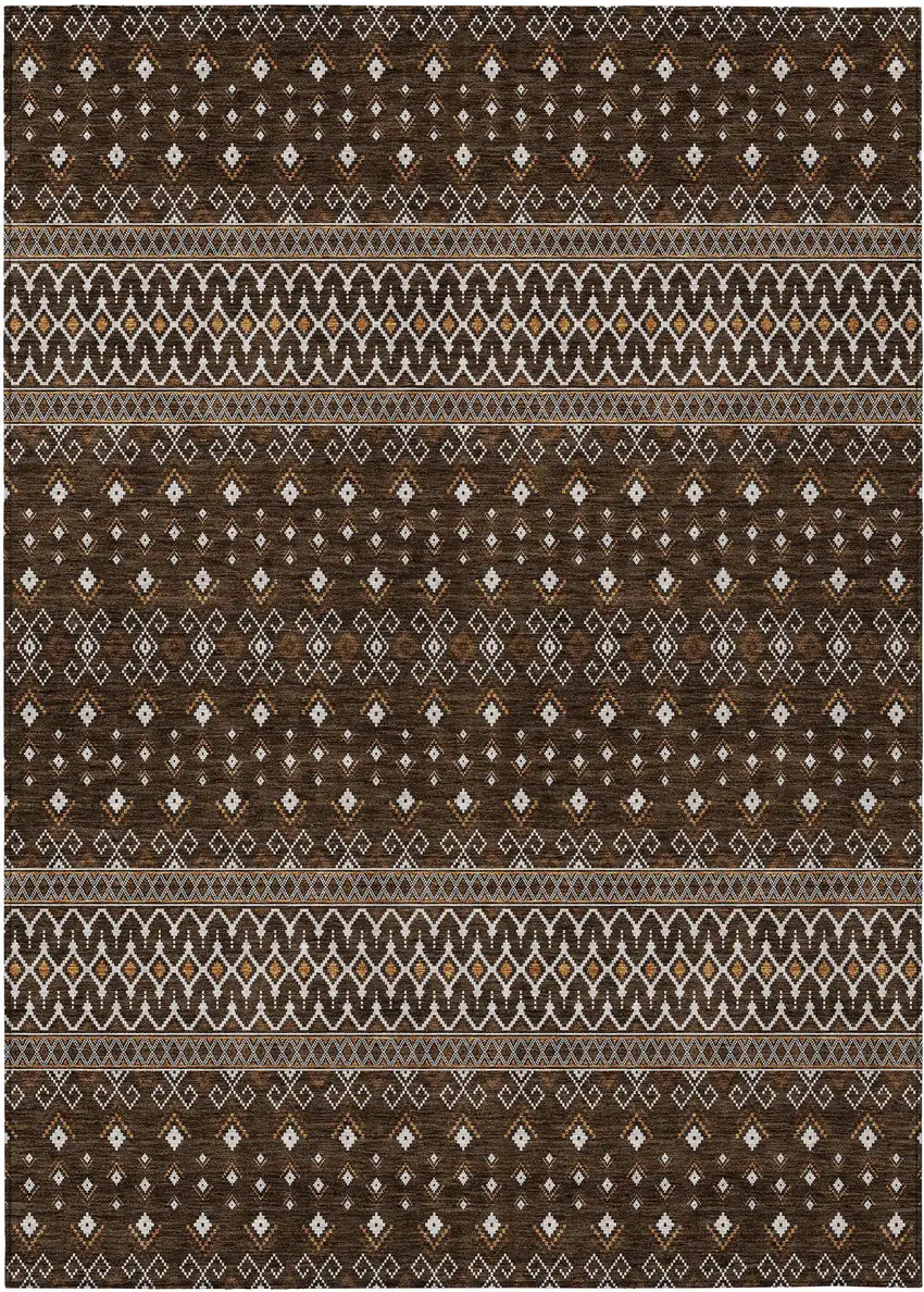 Chocolate Taupe And Copper Tribal Washable Indoor Outdoor Area Rug Photo 1