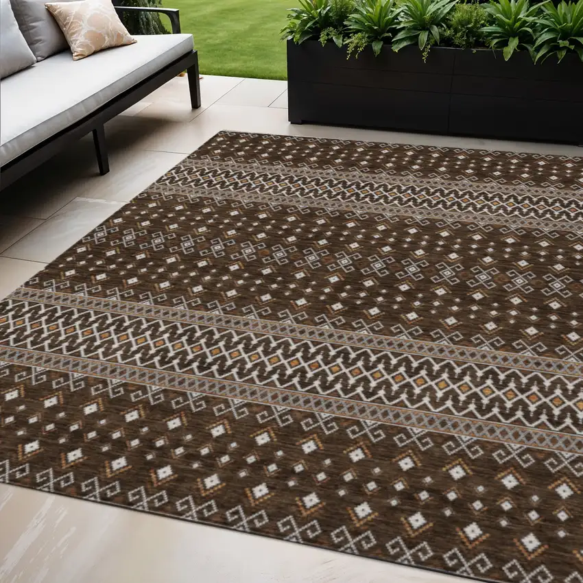 Chocolate Taupe And Copper Tribal Washable Indoor Outdoor Area Rug Photo 1