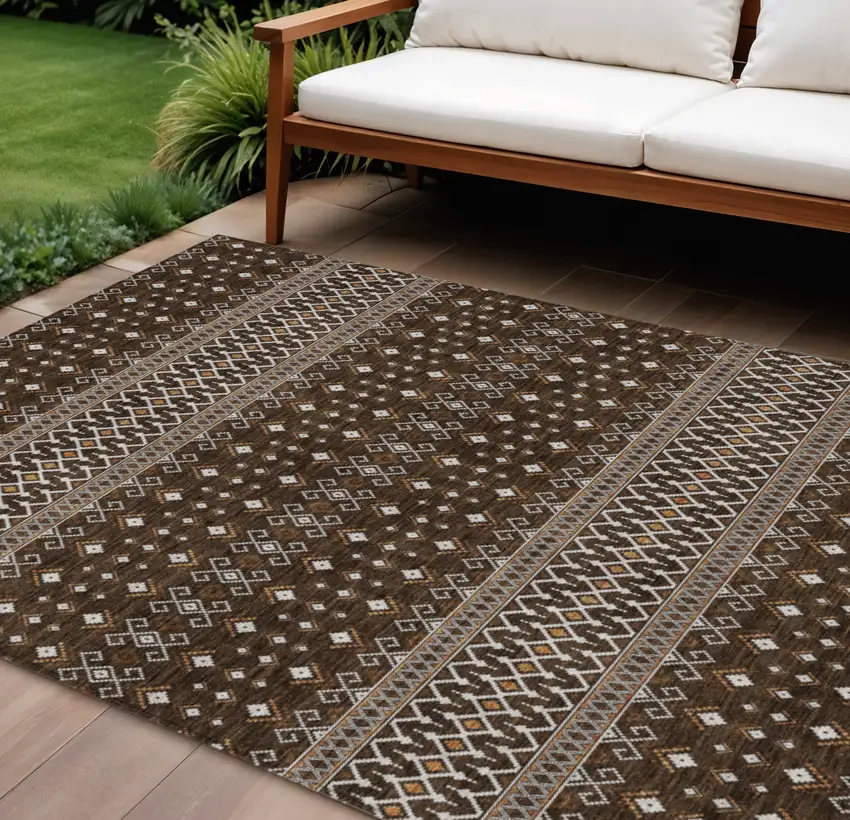 Chocolate Taupe And Copper Tribal Washable Indoor Outdoor Area Rug Photo 1
