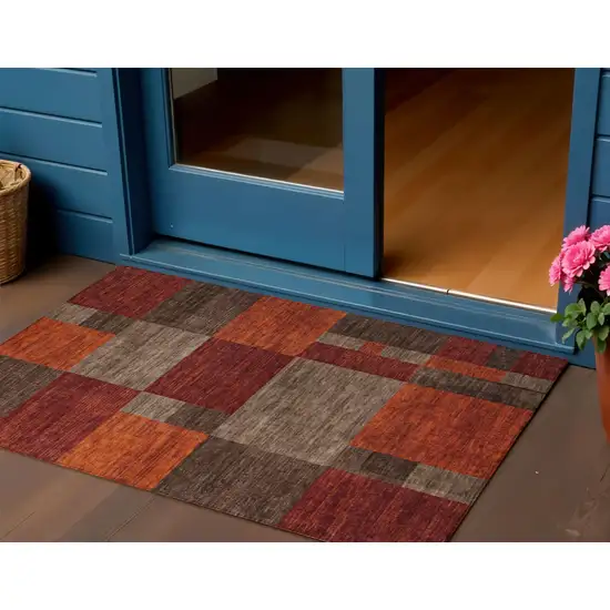 Chocolate Taupe And Orange Geometric Washable Indoor Outdoor Area Rug Photo 2