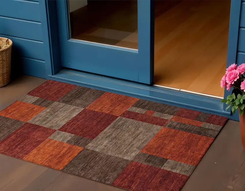 Chocolate Taupe And Orange Geometric Washable Indoor Outdoor Area Rug Photo 2