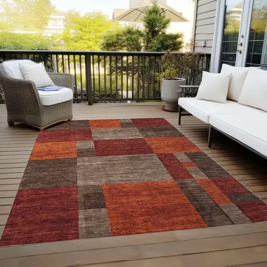 Chocolate Taupe And Orange Geometric Washable Indoor Outdoor Area Rug Photo 9