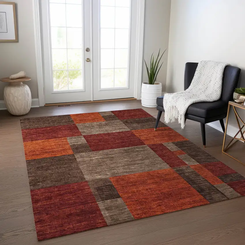 Chocolate Taupe And Orange Geometric Washable Indoor Outdoor Area Rug Photo 7