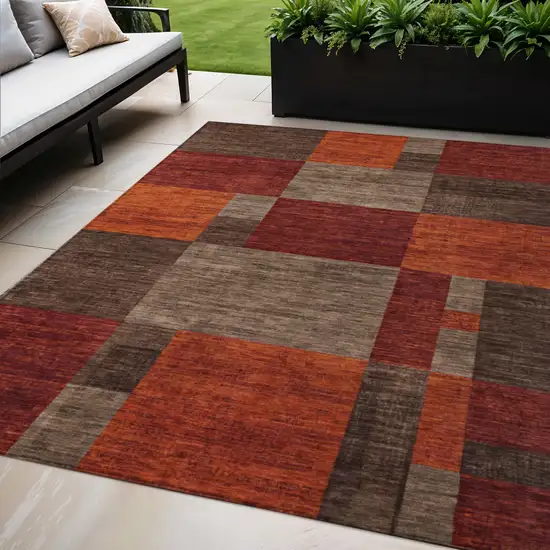 Chocolate Taupe And Orange Geometric Washable Indoor Outdoor Area Rug Photo 2