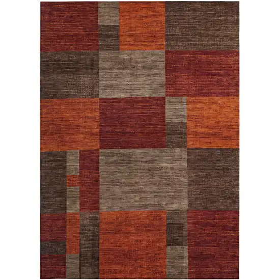 Chocolate Taupe And Orange Geometric Washable Indoor Outdoor Area Rug Photo 3
