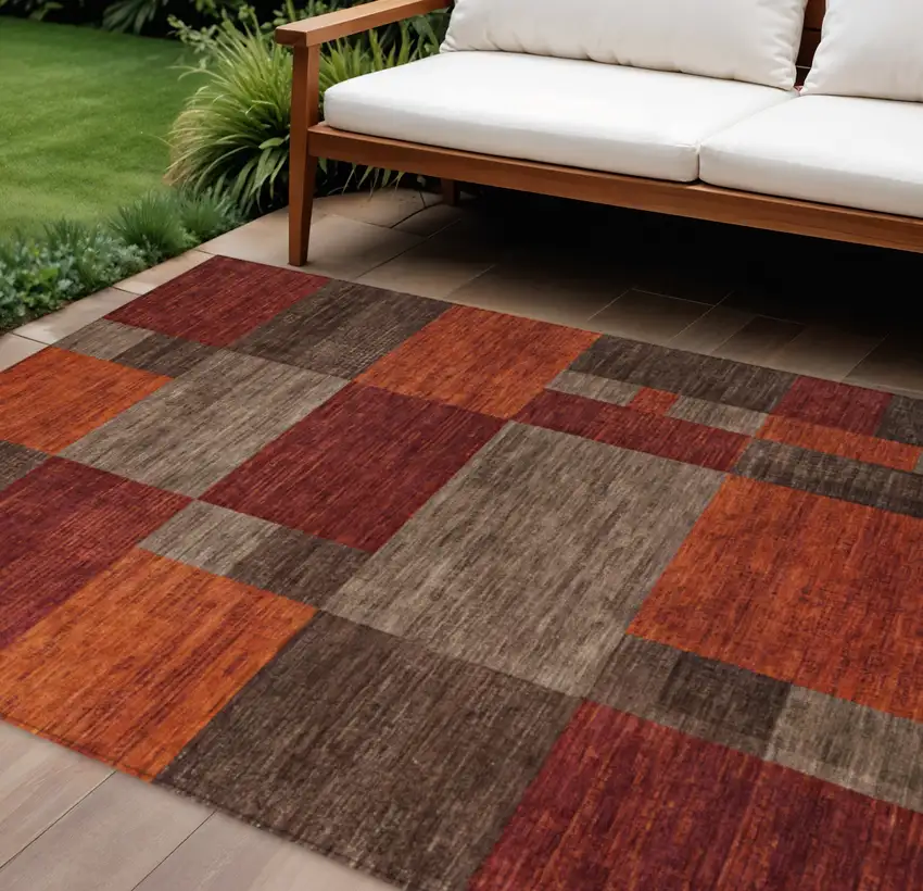 Chocolate Taupe And Orange Geometric Washable Indoor Outdoor Area Rug Photo 2