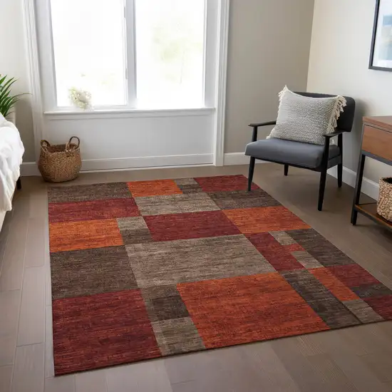 Chocolate Taupe And Orange Geometric Washable Indoor Outdoor Area Rug Photo 8