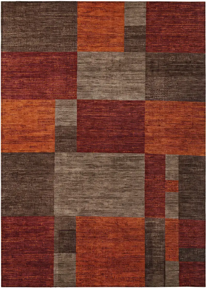 Chocolate Taupe And Orange Geometric Washable Indoor Outdoor Area Rug Photo 1