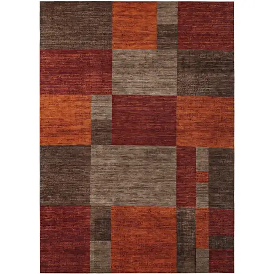 Chocolate Taupe And Orange Geometric Washable Indoor Outdoor Area Rug Photo 1