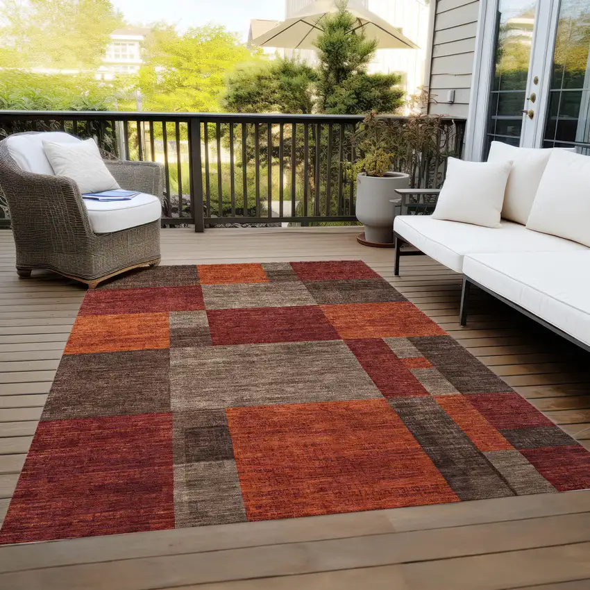 Chocolate Taupe And Orange Geometric Washable Indoor Outdoor Area Rug Photo 9