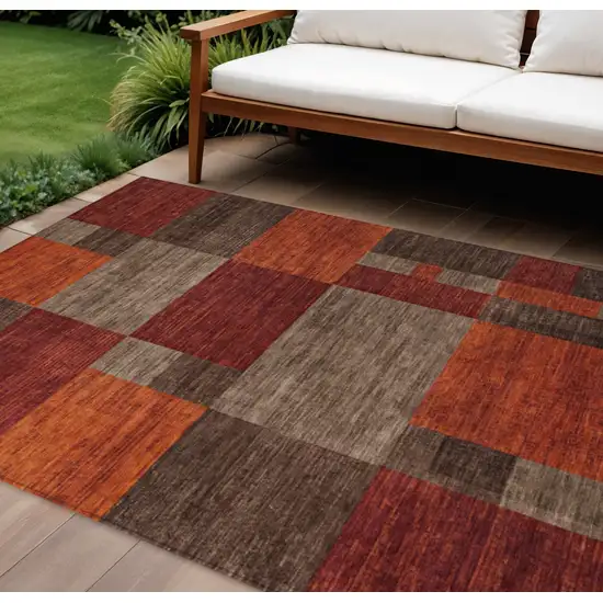 Chocolate Taupe And Orange Geometric Washable Indoor Outdoor Area Rug Photo 2