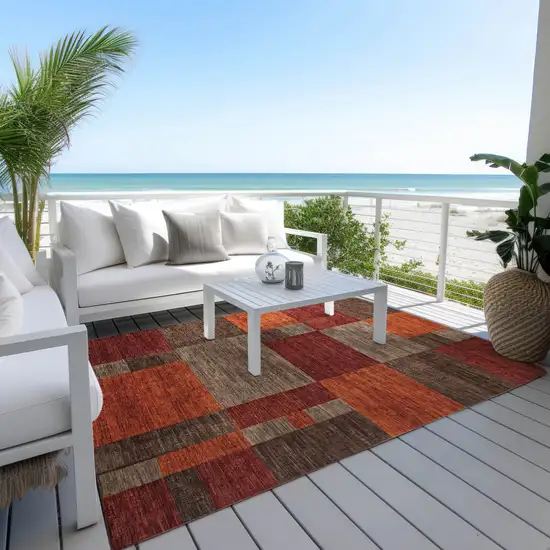 Chocolate Taupe And Orange Geometric Washable Indoor Outdoor Area Rug Photo 6
