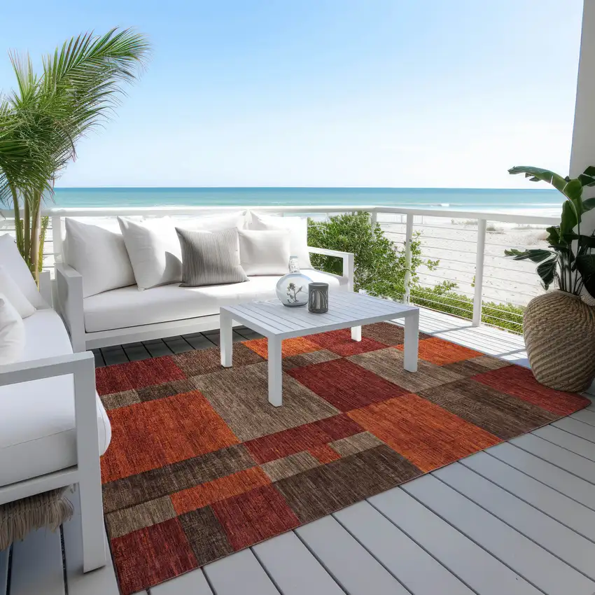 Chocolate Taupe And Orange Geometric Washable Indoor Outdoor Area Rug Photo 6