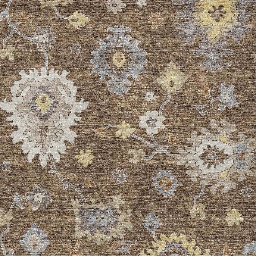 Chocolate Taupe And White Floral Washable Indoor Outdoor Area Rug Photo 5