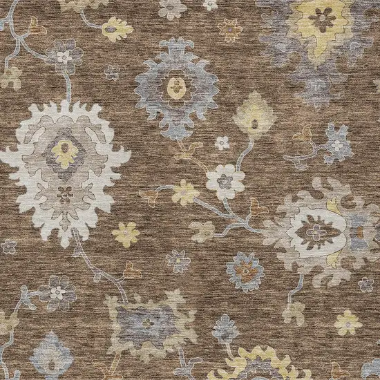 Chocolate Taupe And White Floral Washable Indoor Outdoor Area Rug Photo 5