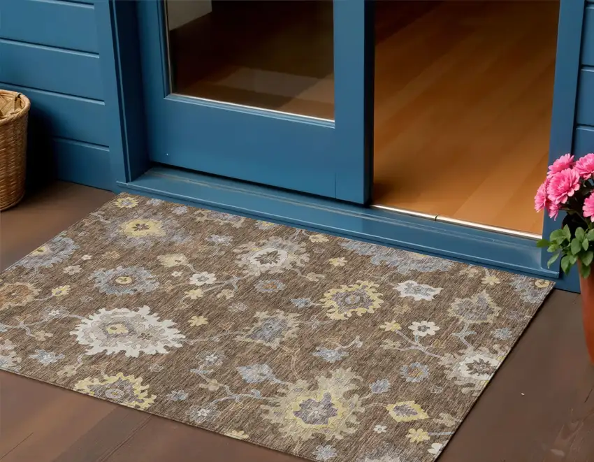 Chocolate Taupe And White Floral Washable Indoor Outdoor Area Rug Photo 1