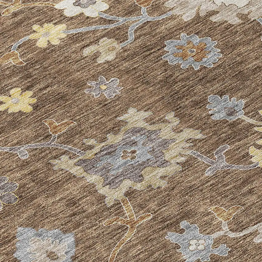 Chocolate Taupe And White Floral Washable Indoor Outdoor Area Rug Photo 4