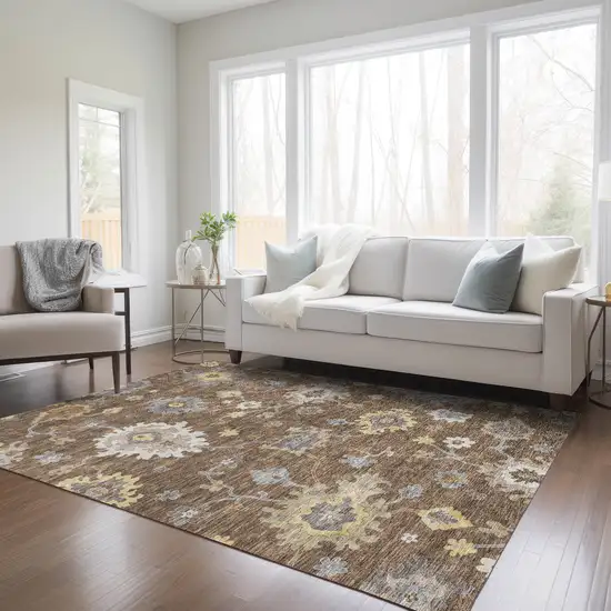 Chocolate Taupe And White Floral Washable Indoor Outdoor Area Rug Photo 9