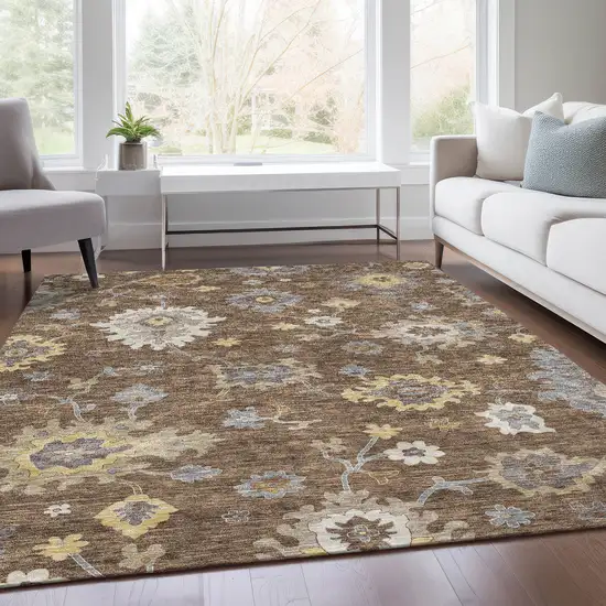 Chocolate Taupe And White Floral Washable Indoor Outdoor Area Rug Photo 8