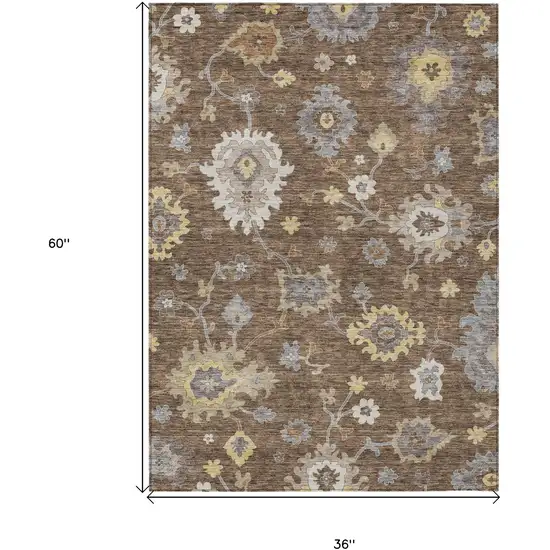 Chocolate Taupe And White Floral Washable Indoor Outdoor Area Rug Photo 8