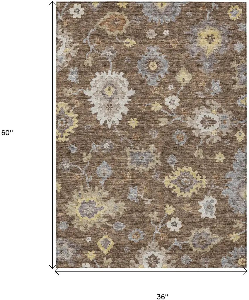 Chocolate Taupe And White Floral Washable Indoor Outdoor Area Rug Photo 8