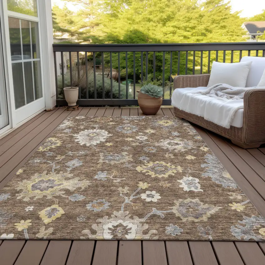 Chocolate Taupe And White Floral Washable Indoor Outdoor Area Rug Photo 7