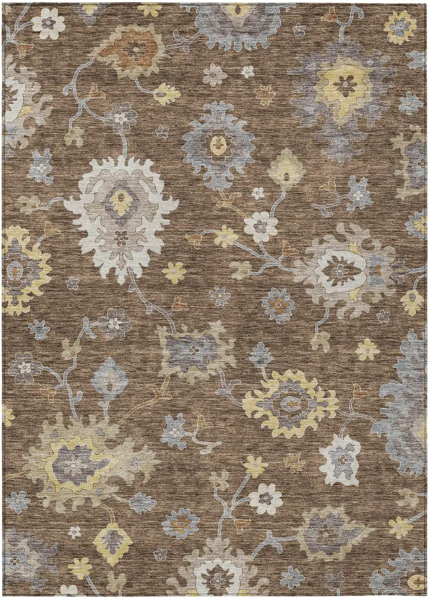 Chocolate Taupe And White Floral Washable Indoor Outdoor Area Rug Photo 1