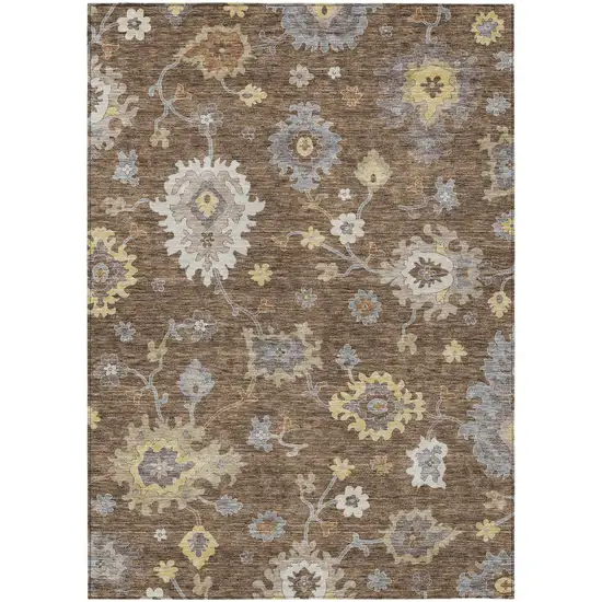 Chocolate Taupe And White Floral Washable Indoor Outdoor Area Rug Photo 1