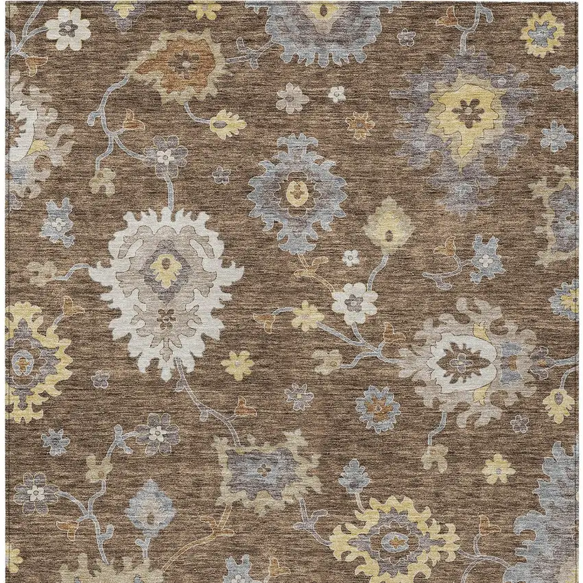 Chocolate Taupe And White Floral Washable Indoor Outdoor Area Rug Photo 6