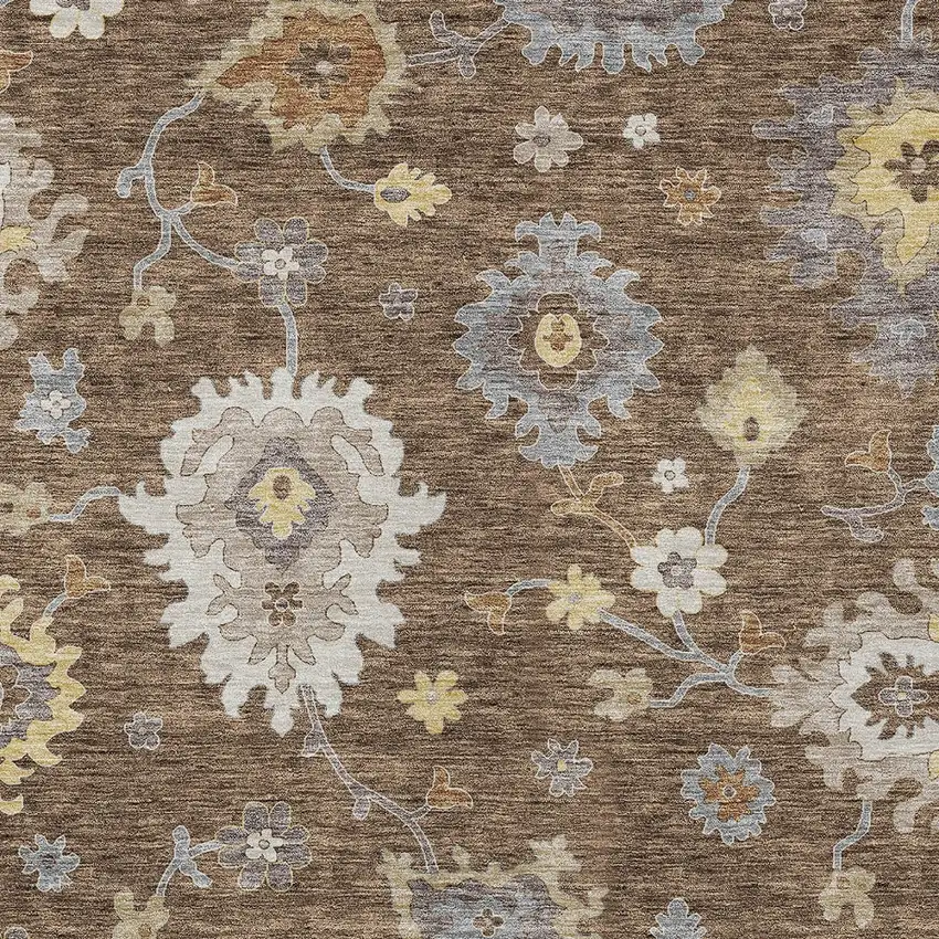 Chocolate Taupe And White Floral Washable Indoor Outdoor Area Rug Photo 5